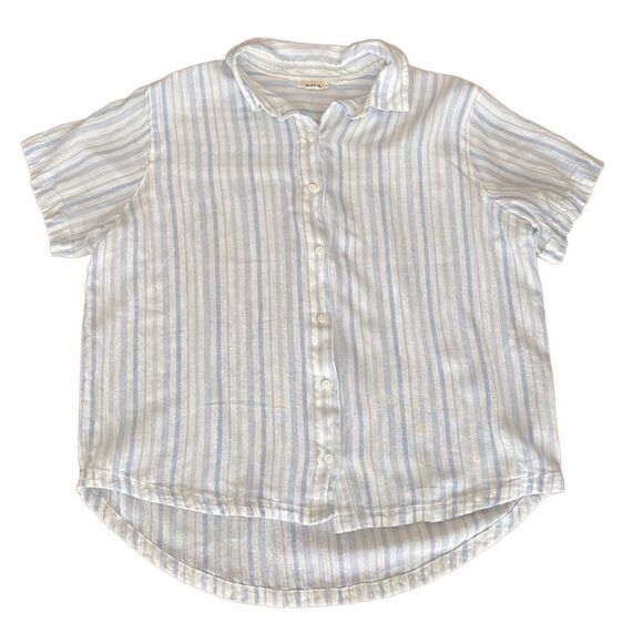 Ana Linen Blend Button Front Camp Shirt Short Sleeve Blue White Stripe Small - Picture 1 of 4